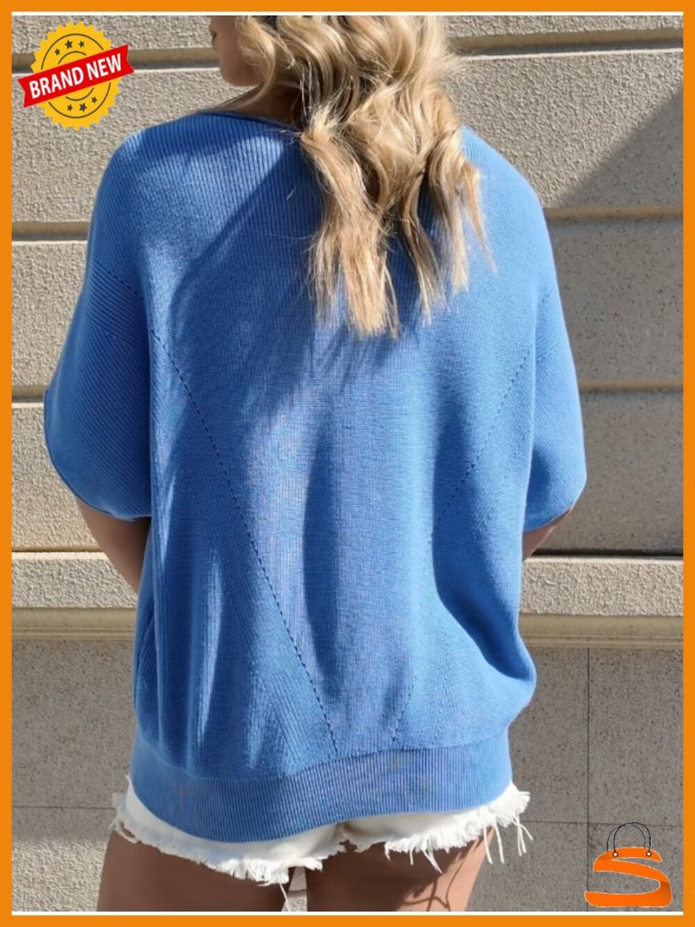 Women's Short Batwing Sleeve Crochet Knit Crew Neck Pullover Sweater Top - Picture 5 of 6